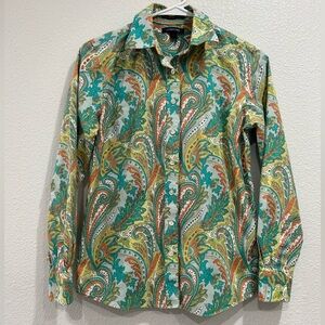 Lands End Women’s buttondown Top Shirt Paisley Design Multicolors Green Size 6